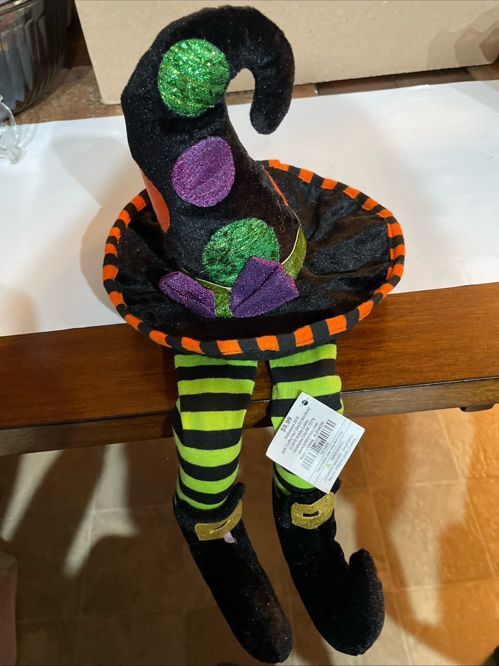 Plush Halloween Witch Hat Shelf Sitter With Striped Dangling Legs Home Decor